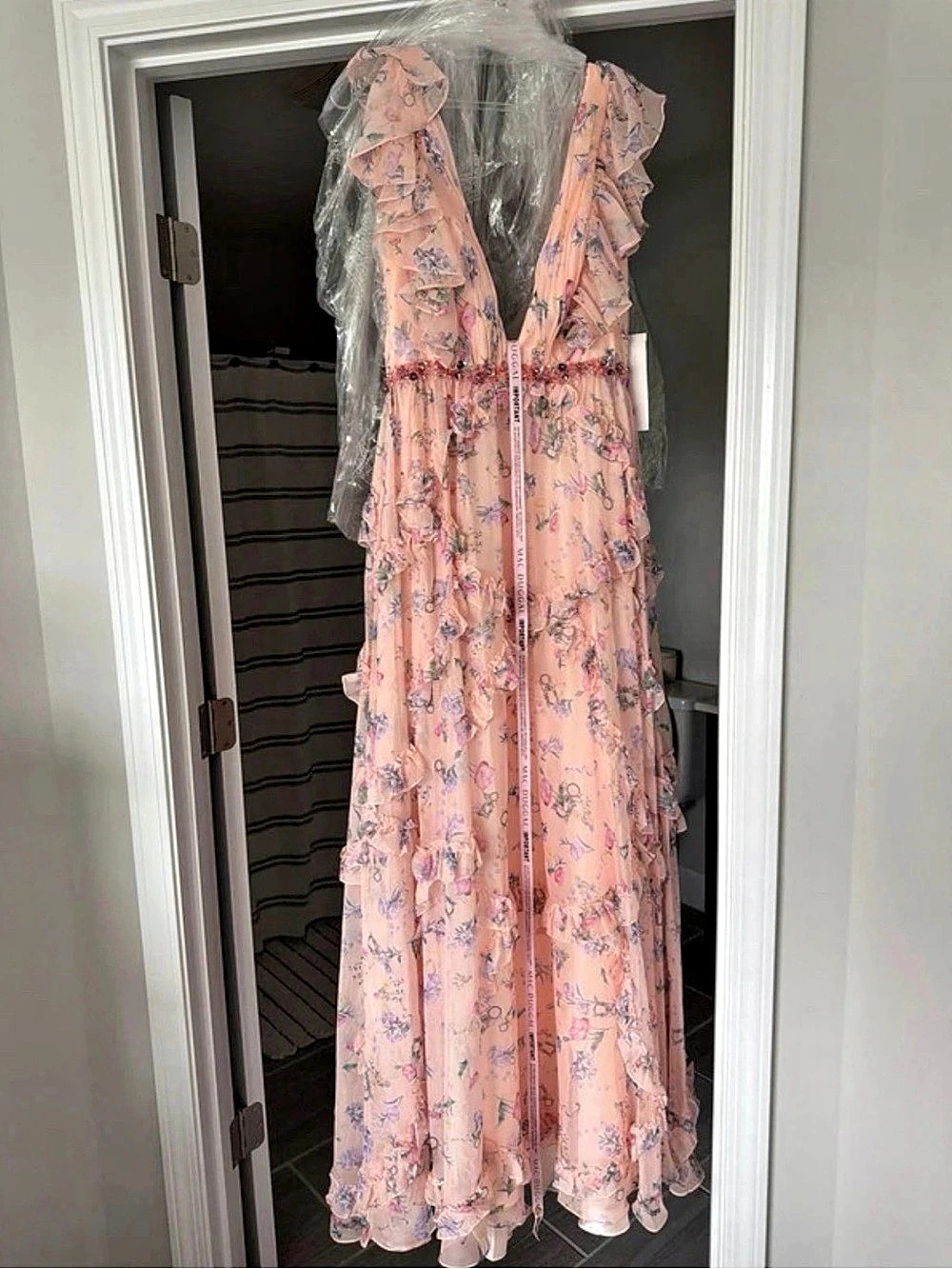 Mac Duggal Ieena for Mac Duggal Ruffled Floral Print Cap Sleeve Gown Ieena